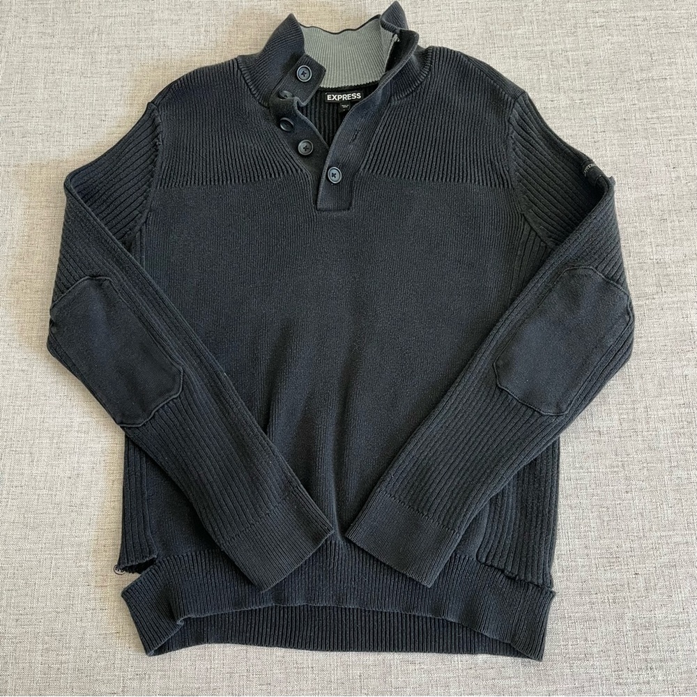 Express Sweater Men’s Large Black Fade Distressed Grunge Elbow Patches Cotton